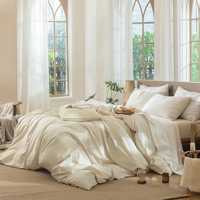 MooMee Striped Duvet Cover Set 100% Washed Cotton Linen Like Textured Breathable Durable Soft Comfy (Almond Milk Grey White Wide Stripes, Twin 68"x90")