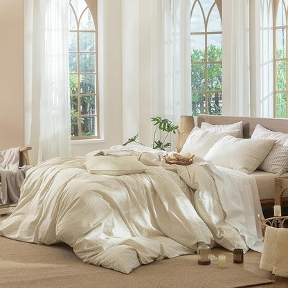 MooMee Striped Duvet Cover Set 100% Washed Cotton Linen Like Textured Breathable Durable Soft Comfy (Almond Milk Grey White Wide Stripes, Twin 68"x90")