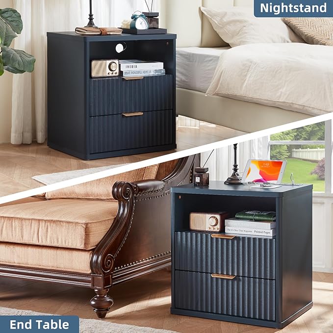 LEYAOYAO Fluted Nightstand with Charging Station, 23" Modern Night Stand with Woodgrain Top, 2 Drawers End Table w/Storage, Bedside Tables for Bedroom, Living Room, Curved Profile Design, Blue