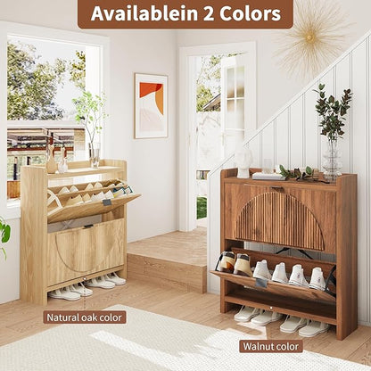 Narrow Shoe Cabinet with 2 Flip Drawers for Entryway,Wood Slim Shoe Rack Cabinet, Freestanding Hidden Shoe Storage Organizer, Space-Saving, Round Fluted Pattern for Hallway, Living Room (Natural)