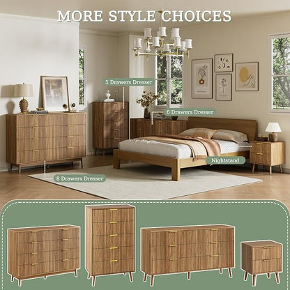 LYNSOM 55" Wide Fluted Dresser for Bedroom with 6 Drawer, Modern Chest of Drawers with Curved Profile Design and Metal Handles, Wood Dresser TV Stand & Storage Organizer for Living Room, Walnut