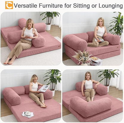 COMAX Folding Sofa Bed Queen, 4-in-1 Convertible Foldable Floor Couch Futon Sofa with Armrests, Sleeper Mattress Fold Out Chair Bed Comfy Portable Lounge Guest for Living Room Bedroom, Pink