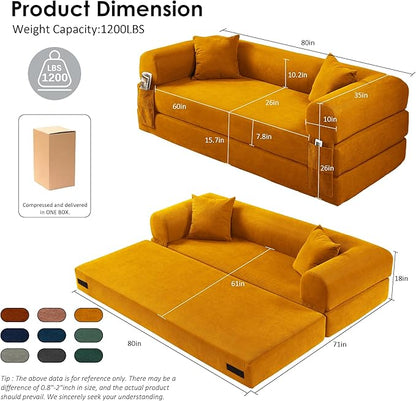 80" Convertible Sofa Bed, Corduroy Deep Seat Folding Pull Out Couch with Pillows, No Assembly Modern Boneless Couch Compression Sofa in Box, Floor Sofa with Storage Pocket for Living Room,Yellow