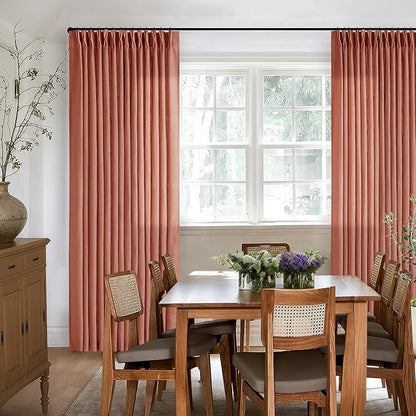 Terracotta 90 Inch Linen Curtains Pinch Pleated for Living Room Bedroom Dining Boho Light Filtering Pinch Pleat Drapes Hooks Rings Back Tab Semi Sheer Red Clay Autumn Fall Window Curtains 2 Panels