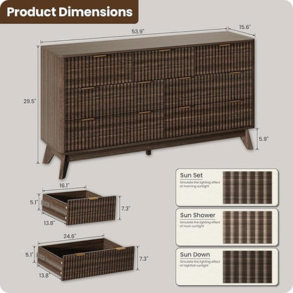 54'' Wide 7 Drawers Dresser for Bedroom,Modern Fluted Vertical Chest with Rounded Corners,Fluted Dresser for Living Room,Hallway, Walnut