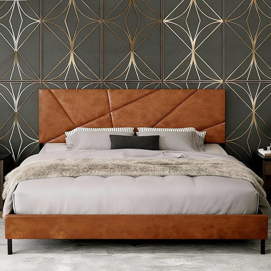 Upholstered Full Size Platform Bed Frame with Faux Leather Padded Headboard, Sturdy Metal Slats Support, No Box Spring Needed, Vintage Brown