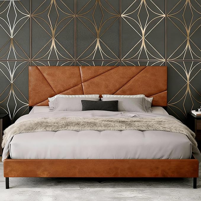 Upholstered Queen Size Platform Bed Frame with Faux Leather Padded Headboard, Sturdy Metal Slats Support, No Box Spring Needed, Vintage Brown