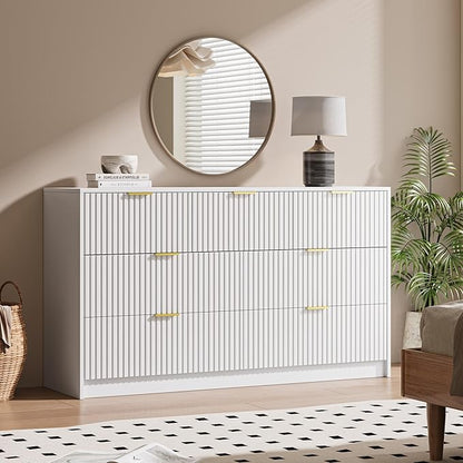 White 7 Drawer Dresser for Bedroom, 55.9" Wide Modern Fluted Dresser with Gold Metal Handles, Wide Chest of Drawers for Bedroom, Living Room, Entryway, Hallway
