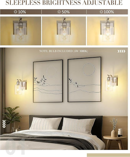 Battery Operated Wall Sconces Set of 2, Brushed Nickel Rechargeable Wall Lights with 5200mAh Battery and Touch Control, Dimmable Wireless Sconce Lamp for Bedroom Hallway Bathroom ZCVL01BN-1A-2P