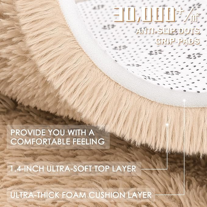 OLANLY Beige Round Rugs for Bedroom - Machine Washable, 5 ft Circle Area Rugs for Living Room, Soft and Fluffy Shaggy Carpet for Teen Girls and Boys, Nursery Rooms, Dorms, Home Decor Aesthetic