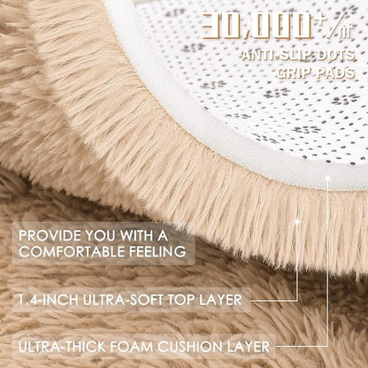 OLANLY Beige Round Rugs for Bedroom - Machine Washable, 5 ft Circle Area Rugs for Living Room, Soft and Fluffy Shaggy Carpet for Teen Girls and Boys, Nursery Rooms, Dorms, Home Decor Aesthetic