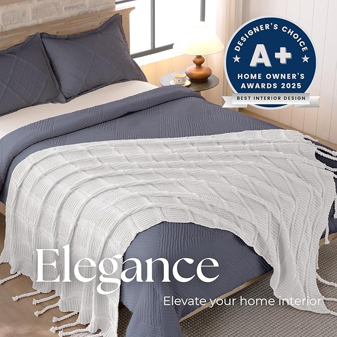 Boho Knitted Chenille Blanket with Tassels - Lightweight & Soft All-Season Throw - 3D Classic Pattern for Living Room Bedroom Couch, Cloud White, Twin 60"x80"