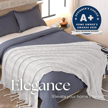Boho Knitted Chenille Blanket with Tassels - Lightweight & Soft All-Season Throw - 3D Classic Pattern for Living Room Bedroom Couch, Cloud White, Twin 60"x80"