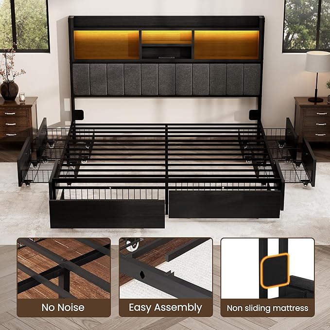 King Bed Frame with 6 Storage Drawers, Linen Upholstered Headboard, Built-in USB Charging Station & LED Lighting, Silent Metal Support, No Box Spring Needed, Vintage Black