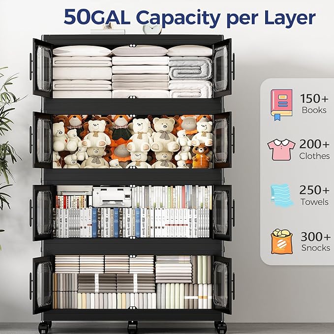 200 Gallon Extra Large Storage Bin with Lid and Wheels, Stackable Collapsible Plastic Storage Box with Door, Foldable Organizer for Closet, Kitchen, Office, Living Room, 4 Pack Black