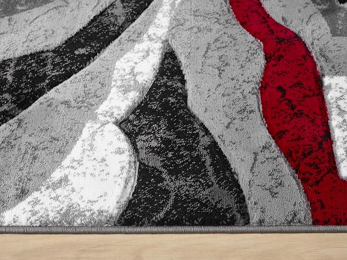 Modern Abstract Area Rug Hand Carved Contemporary Geometric Swirls Vibrant Colors Carpet for Living Room Bedroom Design PR1002 (Red, 8' x 10')