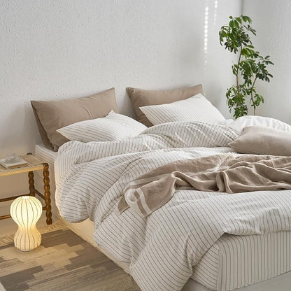 MooMee Striped Duvet Cover Set 100% Washed Cotton Linen Like Textured Breathable Durable Soft Comfy (White Tannish Linen Grey Wide Stripes, Super Queen 90"x98")