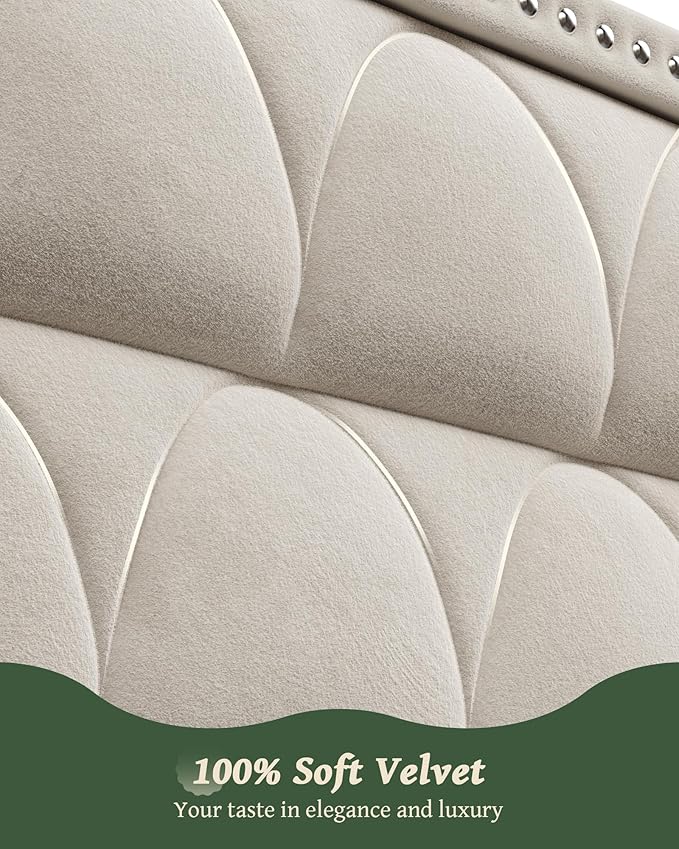 King Size Bed Frame with 56" Headboard - Velvet Upholstered Wingback Platform Bed Frame, Noise Free, Sturdy Wooden Slat Support (Cream, King)