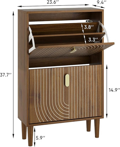 Smuxee Shoe Cabinet with 2 Flip Drawers, 23.6" Walnut Hidden Shoe Storage Cabinet with Line Groove Design, Freestanding Shoe Organizer Cabinet for Entryway, Hallway, Living Room