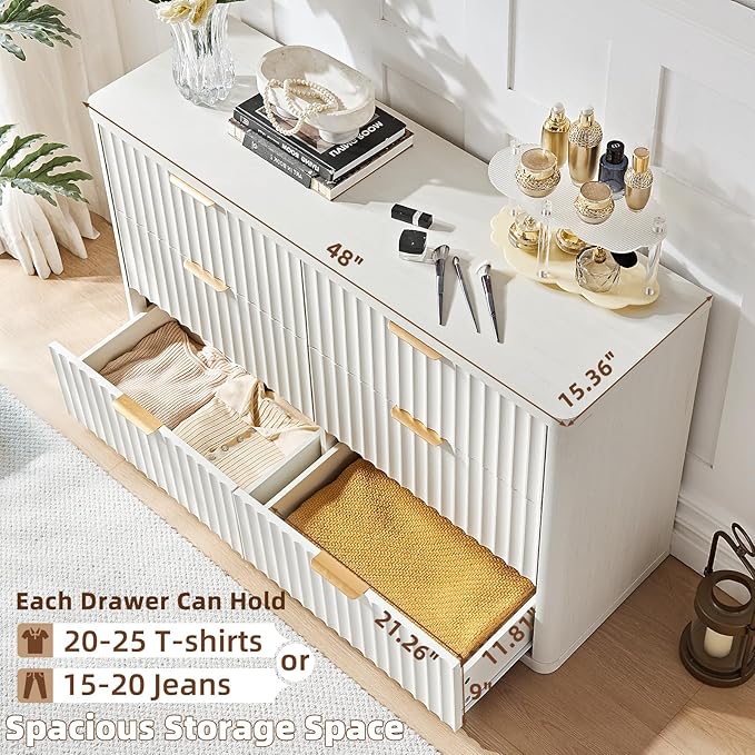 LEYAOYAO Fluted Dresser and Nightstand Sets, Wood 48" Wide Dresser & 23" Night Stand with Charging Station, 2 Piece Bedroom Furniture Set, Chest of Drawers for Bedroom,Living Room, Antique White