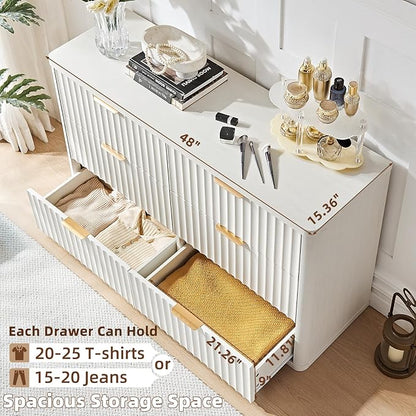 LEYAOYAO Fluted Dresser and 3 Drawers Nightstand Set of 2, Wood 48" Wide Dresser & 23" Night Stand with Charging Station, 3 Piece Bedroom Furniture Set, Chest of Drawers for Living Room,Antique White