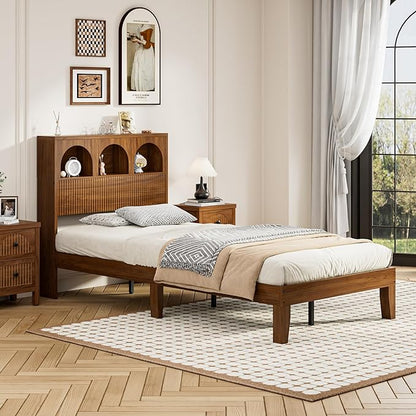 Twin Bed Frame with Wave Headboard, Wooden Headboard with 3 Arched Storage Compartments, Platform Bed with Wood and Metal Slats, No Box Spring Needed, No Noise (Twin-Walnut)