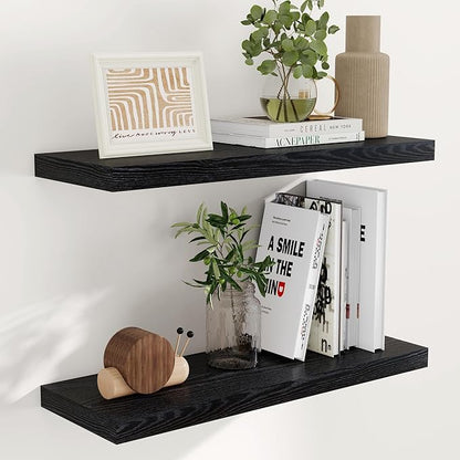 Fun Memories 32 Inch Floating Shelves, Wall-Mounted Bathroom Shelves Set of 2, 9.3 Inch Deep Floating Shelf Bookshelf for Living Room, Bedroom, Heavy-Duty Deep Storage Shelf for Wall, Black Color