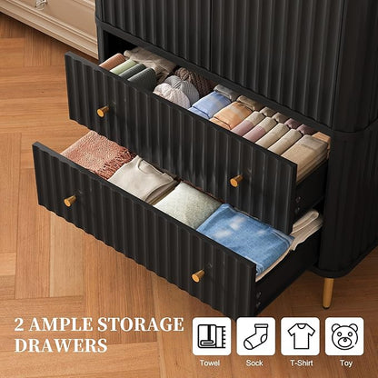 HLR 72" Modern Armoire Wardrobe Closet with Doors and Drawers, Bedroom Armoire Cabinet with Hanging Rod, Wooden Clothing Storage Cabinet Set of 2,Black