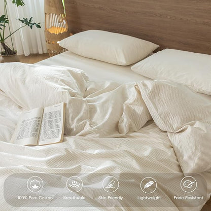 MooMee Striped Duvet Cover Set 100% Washed Cotton Linen Like Textured Breathable Durable Soft Comfy (Almond Milk Grey Pinstripes, Twin 68"x90")
