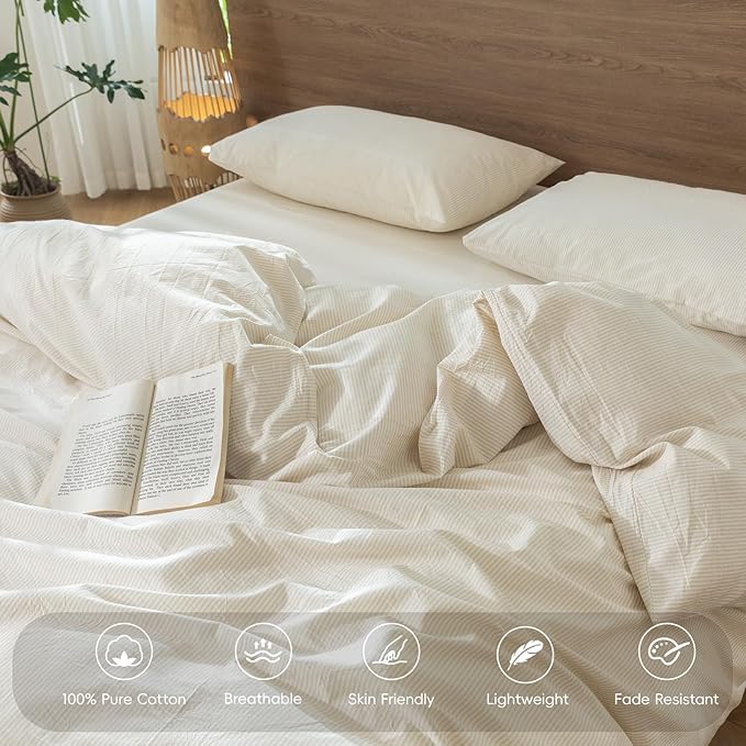 MooMee Striped Duvet Cover Set 100% Washed Cotton Linen Like Textured Breathable Durable Soft Comfy (Almond Milk Grey Pinstripes, Super King Plus 120"x120")
