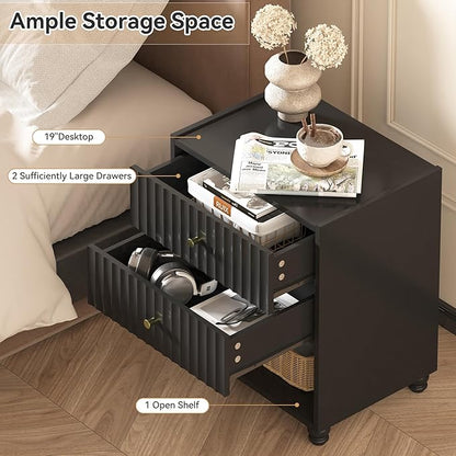 Modern Nightstand, Fluted End Table with 2 Drawers, Nightstand with Open Shelf for Bedroom (2, Black)