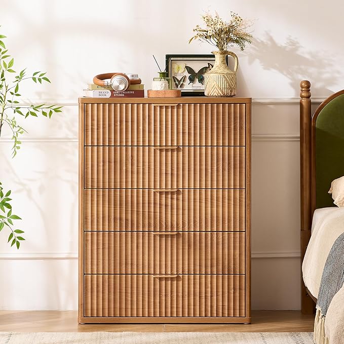 LEYAOYAO Fluted 5 Drawers Dresser Set of 2, 41" Tall Modern Chest of Drawers with Metal Handle, Curved Profile Dresser TV Stand, Wooden Drawer Organizer for Bedroom, Living Room, Hallway, Lightgrey