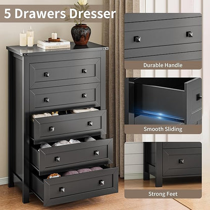 Dresser for Bedroom with 5 Drawers, Tall Wood Chest of Drawers, Modern Farmhouse Closet Clothes Organizer, Storage Tower Cabinet with Metal Handles for Hallway, Living Room, Entryway, Black