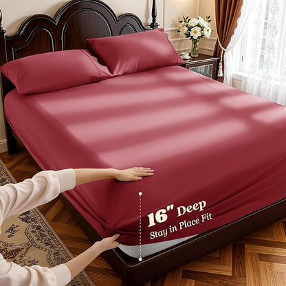 LBRO2M 1000 Thread Count 100% Egyptian Cotton Sheets Set Queen Size, 4 Piece Sets Bed Sheet Deep Pocket Sheet Set 16" Soft Comfortable All Season (Queen, Burgundy)