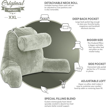Husband Pillow XXL Reading Pillow for Bed Backrest with Arms - Desert Sage Adult - Unmatched Support Pillow for Sitting Up in Bed - Shredded Memory Foam Comfy Microplush Cover & Detachable Neck Roll