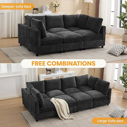 116'' Modular Sectional Cloud Sofa Bed, 8-Seater Convertible Sofa Couch with Ottoman, Modern Deep Seat Sleeper Sofa for Living Room, Chenille Dark Grey