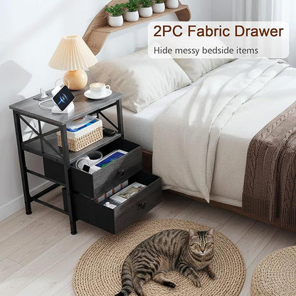 AMHANCIBLE Night Stand Set 2, LED Nightstand with Charging Station, End Tables Living Room with Fabric Drawers, Bed Side Table for Bedroom, Dark Grey HET052LDG
