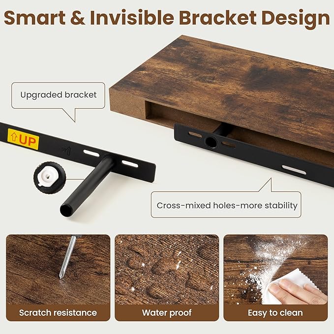 36 Inch Floating Shelves for Wall, 8 Inch Deep Floating Shelf for Storage & Display, Wall Mounted Shelf with Invisible Brackets for Living Room, Kitchen, Bathroom, Home Decor, Set of 2, Rustic Brown