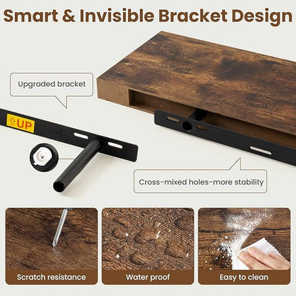 55 Inch Floating Shelves for Wall, 8 Inch Deep Floating Shelf for Storage & Display, Wall Mounted Shelf with Invisible Brackets for Living Room, Kitchen, Bathroom, Home Decor, Set of 2, Rustic Brown