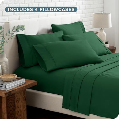 Bare Home Hotel Luxury Queen Sheet Set, Extra Soft - 6 Piece Set - Deep Pockets - Easy Fit - Cooling & Breathable - Wrinkle, Fade, Stain Resistant - Includes 4 Pillowcases (Queen, Forest Green)