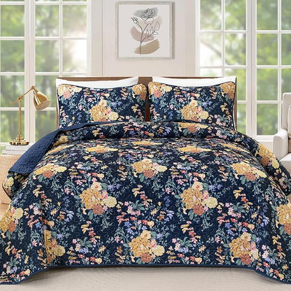 WONGS BEDDING Quilt King Size, Navy Blue Quilt Bedding Set with 2 Pillowcases, Botanical Quilt for King Bed, Soft Microfiber Lightweight Coverlet Bedspread for All Season (110"×90", 3 Pieces)