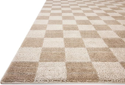 Loloi Chris Loves Julia Calvin Collection CLV-01 Pebble/Ivory 11'-6" x 15'-7" Area Rug Checkered Neutral Soft Living Room Bedroom Carpet