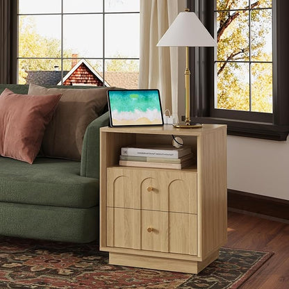 Nightstand Set of 2 with Charging Station, Mid Century Modern Nightstand with Arched Design,Boho End Table with Wood Grain Texture, Bedside Table for Bedroom Living Room Sofa Office, Oak