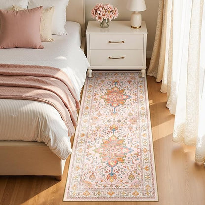 Area Rugs 2'x6' Washable Non-Slip, Floral Vintage Distress Print Pattern Medallion Carpet for Living Room Bedroom Dining Room, Light Pink Colorful