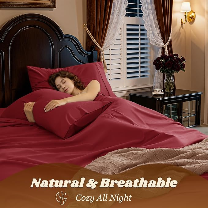 LBRO2M 1000 Thread Count 100% Egyptian Cotton Sheets Set California King Size, 4 Piece Sets Bed Sheet Deep Pocket Sheet Set 16" Soft Comfortable All Season (California King, Burgundy)