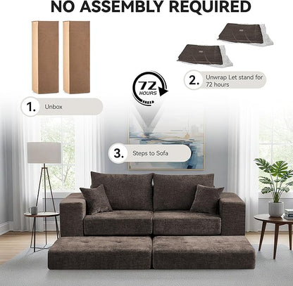 Boneless Sectional Loveseat Couch with Ottoman, Convertible Tufted Button Modular Floor Sleeper Sofa Bed, Comfy Foldable Compression Love Seat Sofa for Living Room, No Assembly, Brown