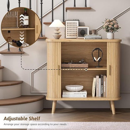 Buffet Cabinet with Storage, Curved-Edge Fluted Storage Cabinet Sideboard, Modern Black Sideboard Buffet with Adjustable Shelves & Sliding Door for Dining Room, Kitchen, Entryway (Oak)