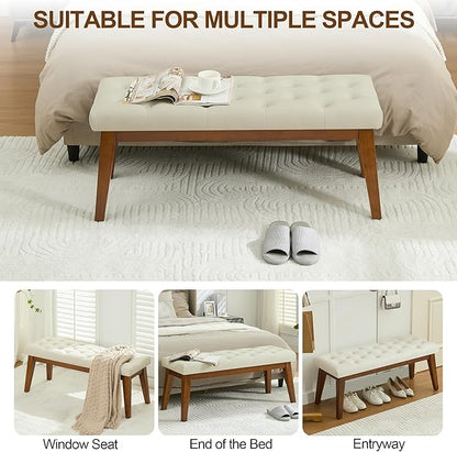 43.5'' Faux Leather Bedroom Bench, Upholstered End of Bed Bench with Tufted Button, Padded Vintage Dining Bench, Entryway Bench with Solid Wood Legs, Kitchen, Living Room, Hallway, Beige Tufted