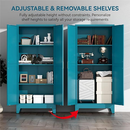 Farmhouse Pantry Cabinet with Barn Doors,61" H x 27.5" W,Metal Cabinet with Adjustable Shelves,4-Tier Storage Cabinet for Kitchen Dining Room Garage,Blue