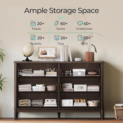 LINSY Rattan 6 Drawer Dresser for Bedroom, 54" Wide Mid-Century Modern Tall Chest of Drawers, Deep Storage Dresser with Curved Corner Design, Large Accent Wood Cabinet for Bedroom, Walnut